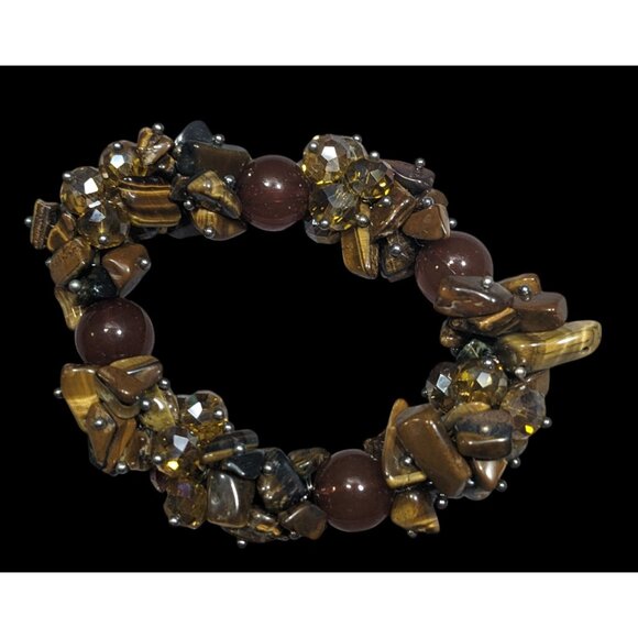 Brown Gemstone Chip Glass Beaded Tiger Eye Stretch Braceket - Picture 1 of 6